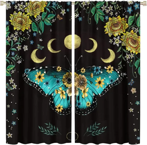 Vista 10 de Cortinas florales de luna, flores negras, fase de flores silvestres, luz de luna, jardín, estética, bohemio, primavera, vides, naturaleza, juego