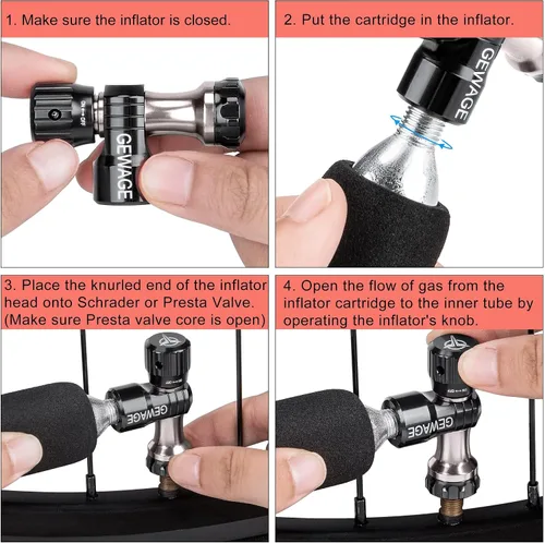 Vista 6 de Inflador de CO2 con 4 cartuchos de 0.56 oz - Bomba de bicicleta de CO2 compatible con válvula Presta y Schrader - Inflador de neumáticos