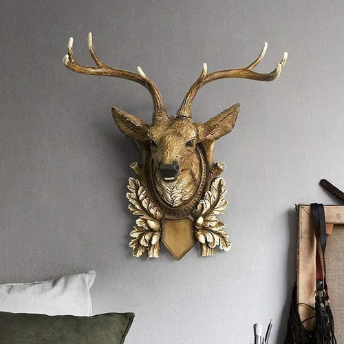 Vista 2 de Decoración de pared, cabeza de ciervo, escultura colgante de pared, decoración de animales, adornos retro, colgante de sala de estar, cuernos, Negro