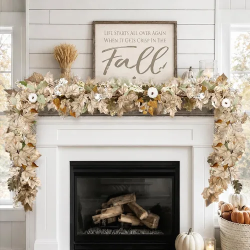 Vista 7 de Decoraciones de otoño para el hogar, guirnalda de hojas de arce de otoño de 6 pies, calabaza y bayas, manto de Acción de Gracias, chimenea