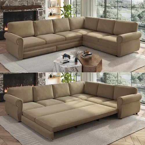 Vista 18 de Sofá cama seccional en forma de L de 6 asientos, sofá extraíble de chenilla gris Gris oscuro