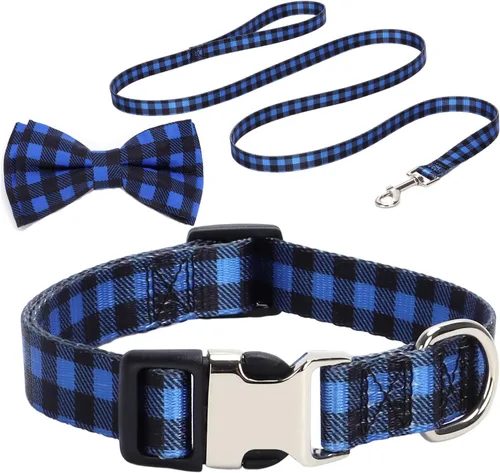Vista 2 de Buffalo - Juego de collar y correa para perro a cuadros, collar de mascota con lazo, collar ajustable para perros machos y hembras, collar de perro