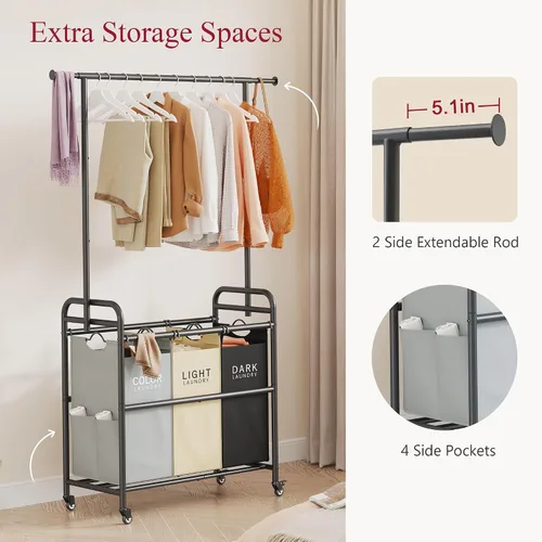 Vista 4 de Tajsoon Carrito Clasificador de Lavandería con Perchero para Colgar Ropa, Organizador de 3 Cestas Clasificadoras Butler, Carrito Cesto de Lavandería