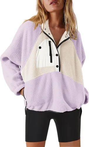 Vista 12 de Nirovien - Chaqueta de forro polar con capucha para mujer, manga larga, sherpa, sudadera mullida, abrigada, con botones y bolsillos Un rosa