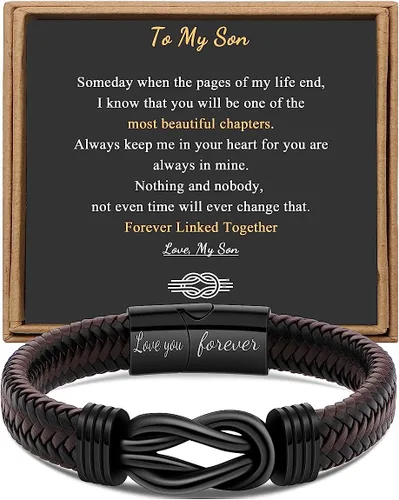 Vista 13 de Regalo para Hombres Pulsera Infinita para Hombres Papá Marido Novio Hijo Nieto Hermano Sobrino Tío Cuero Trenzado Marrón Siempre Unidos Acero