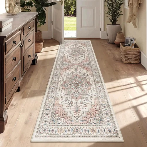 Vista 44 de Alfombra de pasillo vintage de 2 x 6 pies de pelo bajo Marrón beige