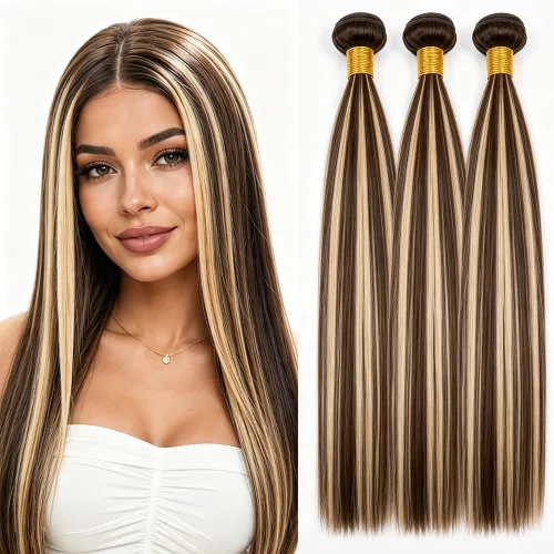 Vista 82 de P4613 Cabello humano rizado onda profunda marrón y paquetes mixtos 8 10 12 P4613 Ombre Marrón-Rubio-DP