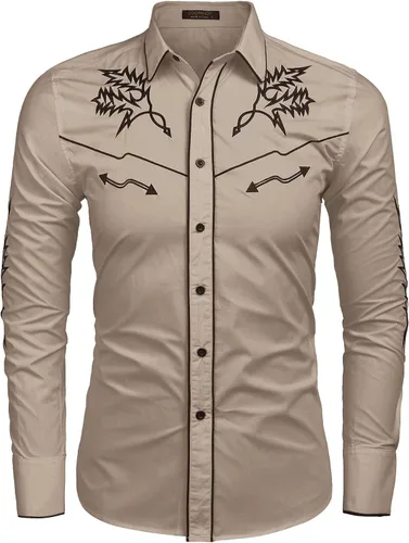 Vista 2 de COOFANDY Camisa vaquera occidental para hombre, camisa bordada de manga larga, ajustada, de algodón, casual, con botones