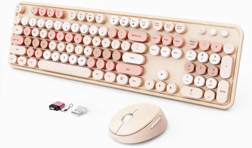 Vista 12 de SkyGive - Combo de teclado y mouse inalámbricos, teclado ergonómico de tamaño completo con diseño retro tipo máquina de escribir, con teclas