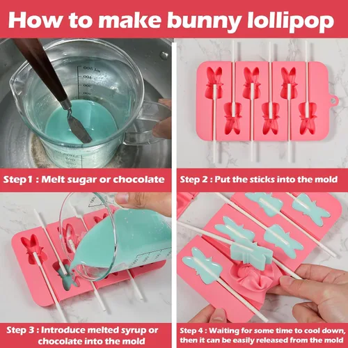 Vista 3 de Webake Moldes de piruleta de conejo para dulces de chocolate, 6 agujeros de silicona de conejo con palitos de piruleta, bonitos moldes de Pascua