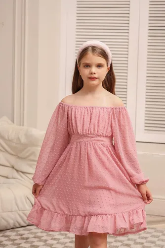 Vista 4 de GRACE KARIN Vestido escalonado con volantes para niñas, vestido acampanado de manga larga con lunares suizos, 6-12 años