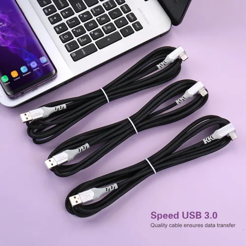 Vista 6 de Cable USB a C, paquete de 3 cables de carga rápida tipo C de 10 pies en ángulo recto, nailon trenzado USB A a USB-C, cable de carga de teléfono Negro