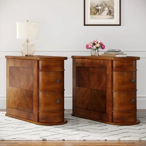 Vista 11 de Mesa auxiliar de madera con 2 cajones, no requiere montaje, mesa auxiliar estrecha para sofá para sala de estar, mesita de noche delgada vintage