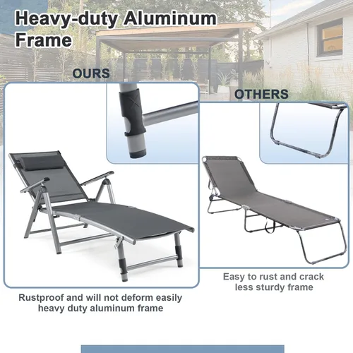 Vista 9 de HAPPYGRILL Sillón de aluminio para patio con respaldo ajustable de 8 posiciones, reposapiés de 2 posiciones, cómodo reposacabezas, silla reclinable