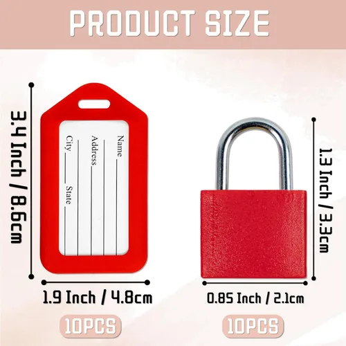 Vista 2 de Paquete de 10 candados para equipaje con llave + paquete de 10 etiquetas de viaje, etiquetas de equipaje para maletas, bolsas, etiquetas de nombre