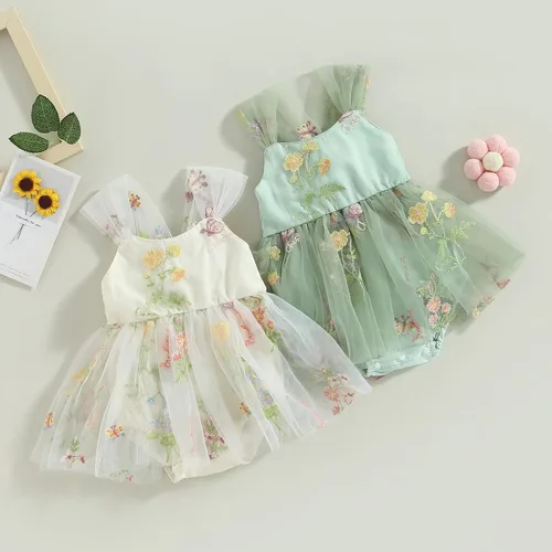 Vista 7 de Vestido de verano para bebé niña, con tirantes ajustables, sin espalda, bordado floral, tutú de cumpleaños