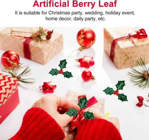 Vista 2 de EXCEART 100 piezas de bayas de acebo artificiales con hojas verdes de Navidad, ramas de baya de acebo, accesorios de decoración para bricolaje