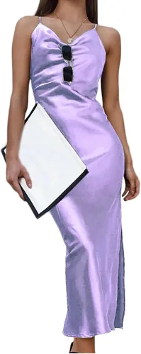 Vista 6 de xxxiticat - Vestido de satén sin mangas con tirantes delgados para mujer, para playa, noche, fiesta, de cuello esbozado, con lunares, de leopardo