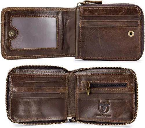 Vista 7 de BULLCAPTAIN Billetera de cuero para hombre con cremallera y bloqueo RFID, monedero (marrón oscuro)