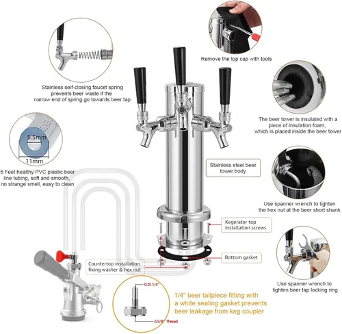 Vista 3 de Kegerator Tower Torre de cerveza estándar de 3 grifos con grifo de cerveza de cierre automático