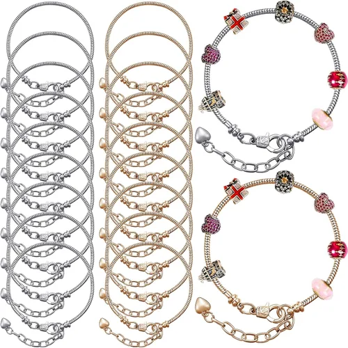 Vista 8 de Hicarer - 20 pulseras de serpiente ajustables para hacer joyas, cadenas de acero inoxidable doradas y plateadas con extensor de corazón