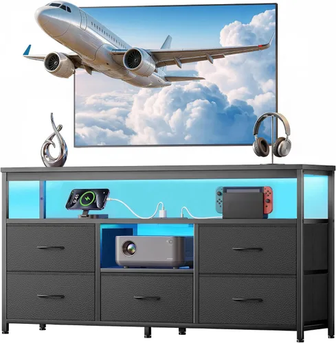Vista 9 de Soporte de TV con luces LED y estación de carga, soporte de TV de 55 pulgadas para dormitorio, almacenamiento de cajones de tela, centro