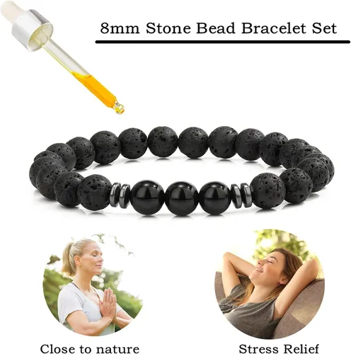 Vista 3 de MengPa - Pulseras de cuentas con cuentas de piedra volcánica mate y roca de lava, elástica, para hombre y mujer