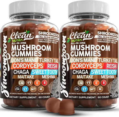 Vista 12 de Gomitas de hongos 15 en 1 con melena de león, cola de pavo Cordyceps Reishi Chaga Sweet Toot Maitake Meshima Poria Cocos Shiitake Tremella, hongos