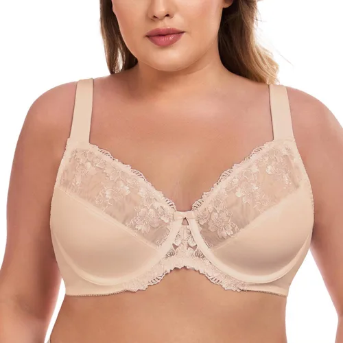 Vista 8 de TELIMUSSTO Brasier con aros de encaje floral de cobertura completa para mujer, talla grande, sin relleno, cómodo Beige