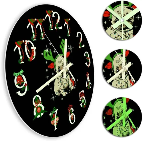 Vista 6 de The Geeky Days Reloj que brilla en la oscuridad, adorno de Navidad Pug funciona con pilas, reloj de pared luminoso de cuarzo silencioso con diseño