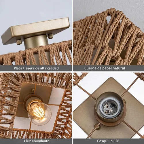 Vista 8 de Rpzloila Lámpara de Techo de Ratán, Accesorio de Luz Bohemia Dorada, Lámpara de Techo Cuadrada de Montaje Empotrado para Dormitorio, Pasillo