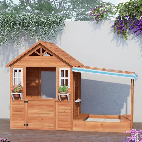 Vista 6 de BIRASIL Casa de juegos para niños con arenero, casa de juego de madera para exteriores con fosa de arena para jardín trasero, edades de 3 a 10 años
