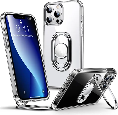 Vista 9 de Shields Up Funda para iPhone 13 Pro Max con soporte, funda transparente con soporte de doble anillo [ajustable y plegable] a prueba de golpes