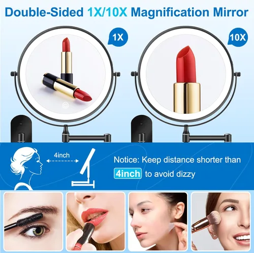 Vista 7 de Espejo de maquillaje iluminado recargable de 9 pulgadas, espejo de aumento de doble cara 1X/10X con 3 luces de color regulables, espejo de baño
