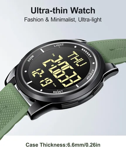 Vista 57 de Beeasy - Reloj digital de pulsera resistente al agua con cronómetro, alarma, cuenta regresiva, doble zona horaria, ultrafino, pantalla angular muy