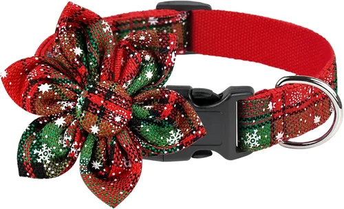 Vista 8 de Malier Collar de Navidad para perro con flor, clásico collar de perro a cuadros de búfalo con hebilla, collares de Navidad ajustables con pajarita
