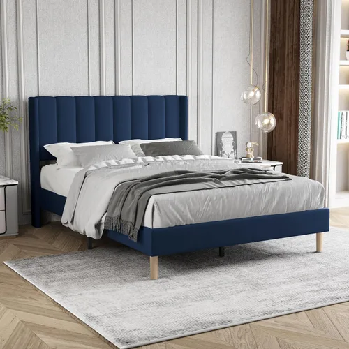 Vista 14 de Base de cama tapizada de tamaño individual con cabecero, listones de madera fuertes, no necesita somier, fácil montaje, terciopelo beige