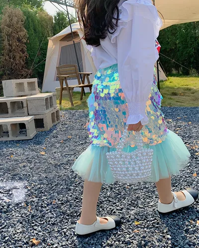 Vista 3 de Falda de sirena para niña, disfraz de cola de lentejuelas brillantes