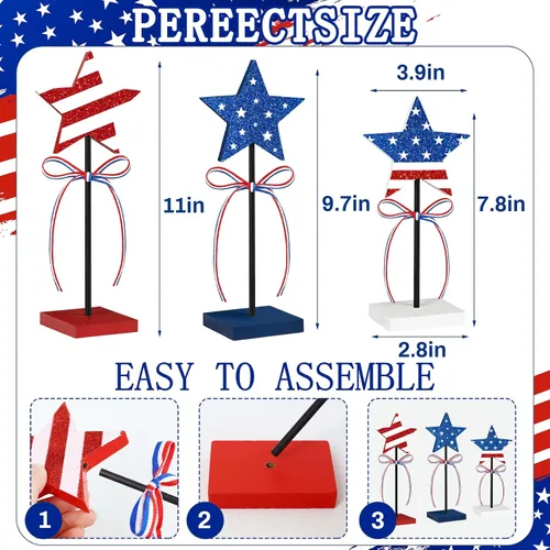 Vista 8 de 3 decoraciones de mesa del 4 de julio, decoraciones del 4 de julio para mesa, diseño de impresión de doble cara, decoraciones patrióticas rústicas