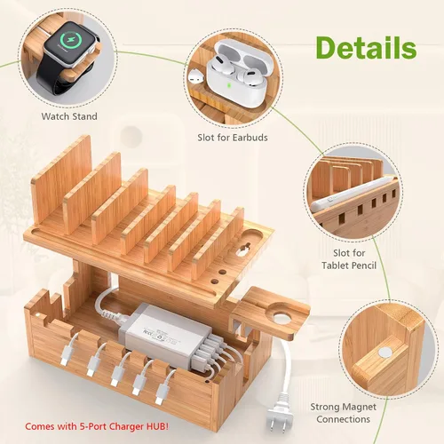 Vista 2 de Estación de carga de bambú Pezin & Hulin con 5 puertos USB y 5 cables All-in-One, 5-Port USB HUB Included, 8-Device Organizer, Natural Bamboo, #1