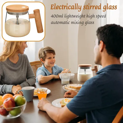 Vista 7 de Taza de café eléctrica autoagitable, taza mezcladora de alta velocidad de 13.5 fl oz con tapa, vidrio de borosilicato alto, oficina en casa