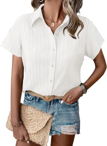 Vista 12 de HOTOUCH Camisa de vestir de manga corta con botones para mujer, cuello en V, con botones, para verano, con textura, para el trabajo