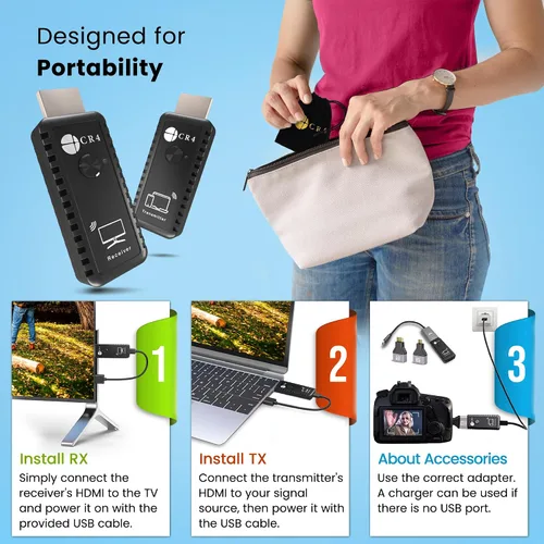 Vista 7 de CR4 Transmisor y receptor HDMI inalámbrico, 5G de baja latencia, Plug & Play, entrada 4K/salida 1080P, kit extensor para transmitir video/audio