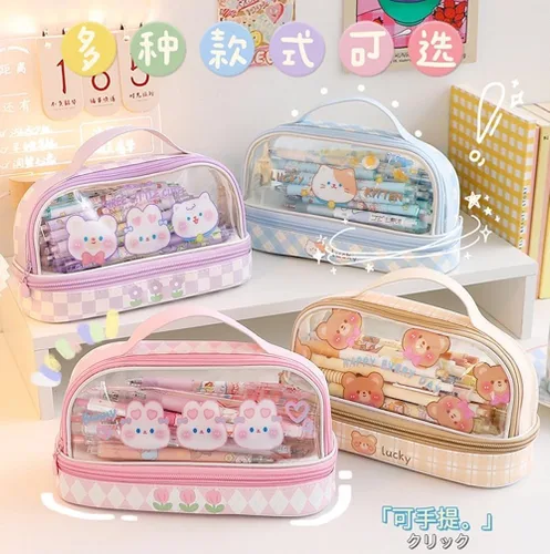 Vista 7 de JHTPSLR Estuche para lápices Kawaii grande con correa de doble capa, transparente, impermeable, lindo estuche para lápices, bolsas para bolígrafos