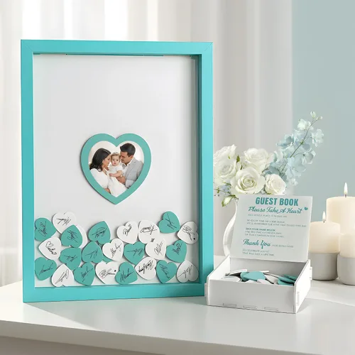 Vista 2 de Libro de invitados de boda azul alternativo para recepción con corazones de madera, un marco, decoración de libros, recuerdos para boda, ideas
