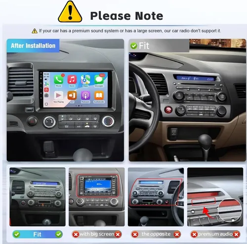 Vista 2 de 4+64G 9 '' Android 15 Estéreo del coche para Honda Civic 2006-2011 IPS Touchscreen Radio Wireless CarPlay Android Auto 5G WiFi Bluetooth Plug and
