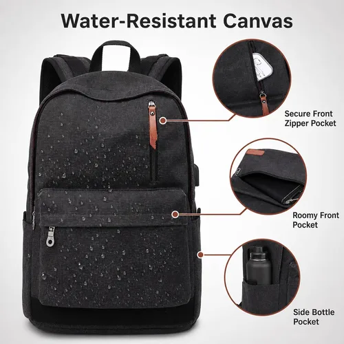 Vista 2 de Mochila de lona para laptop, mochila escolar impermeable con carga USB, 17.32in X 12.6in X 6.0in, Mochilas Daypack