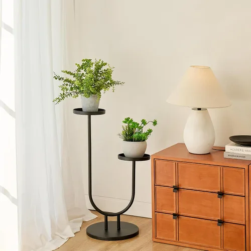 Vista 2 de Soporte para plantas para interiores, soporte de esquina de metal de 2 niveles de alto, estante de exhibición de flores al aire libre para ventana