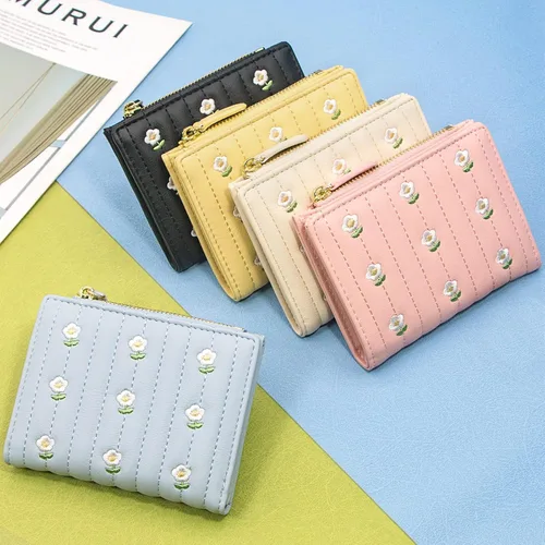 Vista 5 de YINHEXI Cartera con bloqueo RFID para mujer, pequeña, elegante y plegable para tarjetas para niñas, Azul bebé, Twee