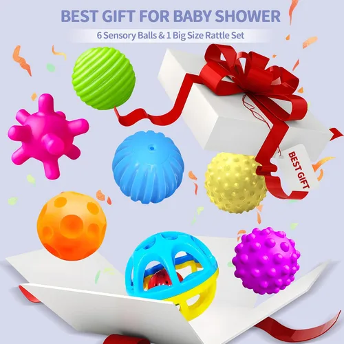 Vista 3 de Pelotas sensoriales, juguetes Montessori con sonajero de bebé de 3 a 6 meses 6 Multiple Textured Stress Balls with Blue Rattle, Bright